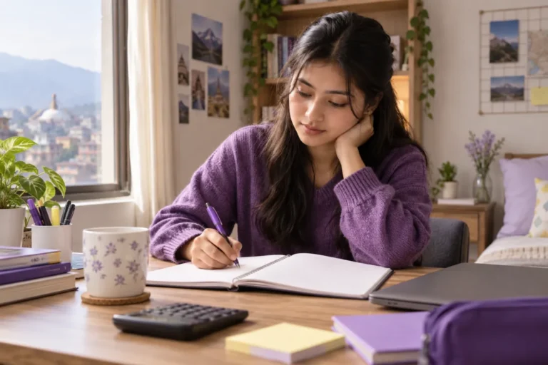 Student reviewing a notebook and study materials at a sunlit desk.