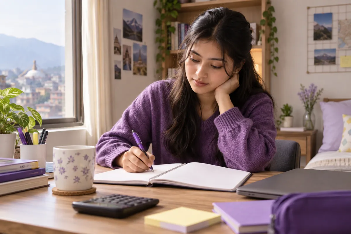 Student reviewing a notebook and study materials at a sunlit desk.