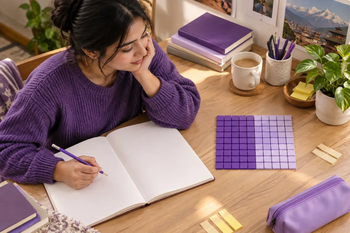 Student working beside a grid of purple squares and blank study materials.