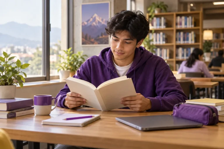 Student reading quietly beside a window with a notebook nearby.
