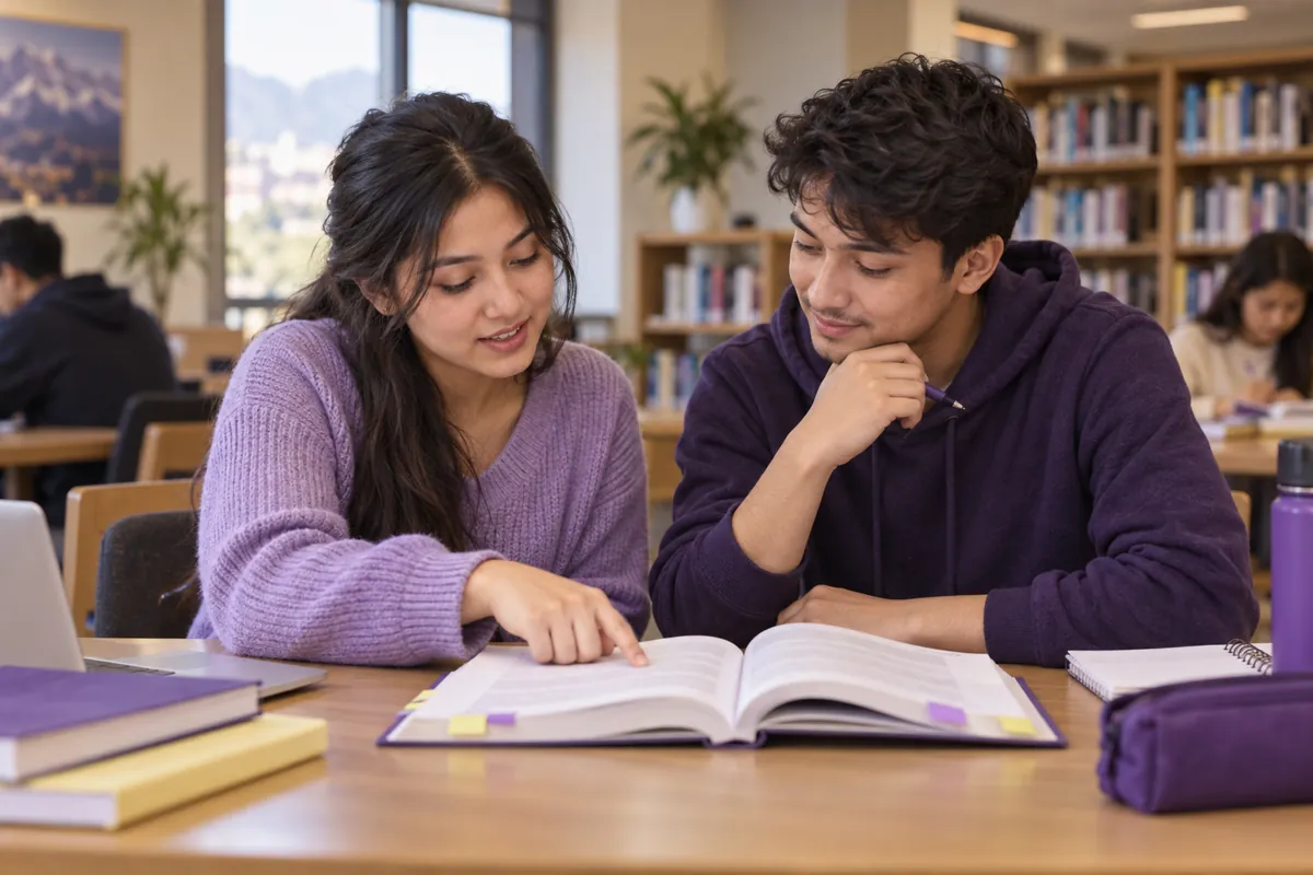 Two students discussing an open text at a shared study table.