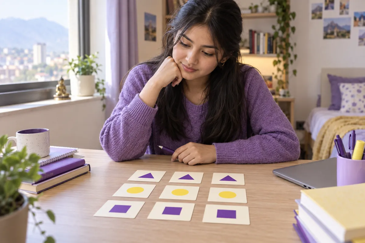 Student considering geometric pattern cards at a desk.