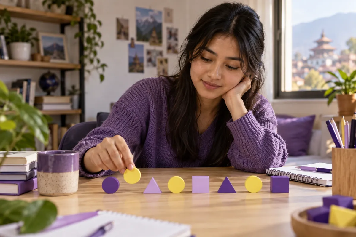 Student arranging purple and yellow geometric blocks as a visual pattern.