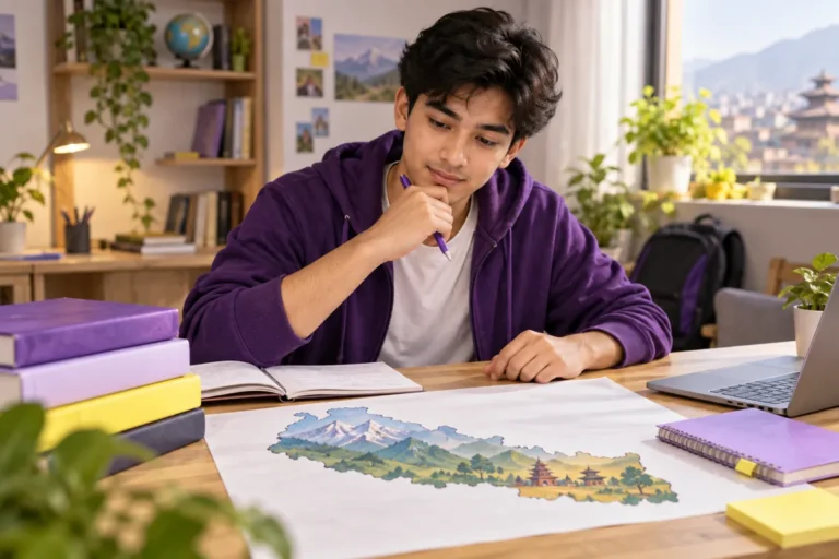 Student studying with books and an illustrative map inspired by Nepal.