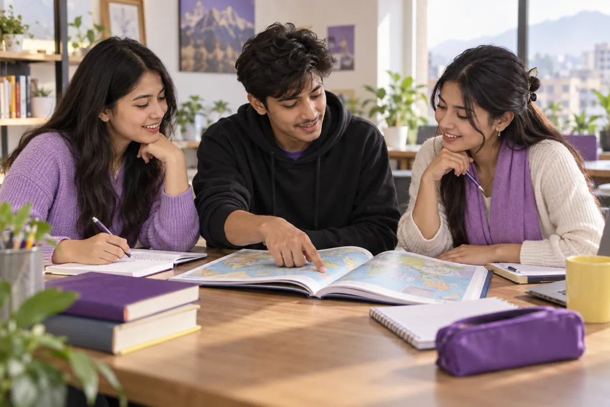 Three students sharing ideas around an atlas at a study table.