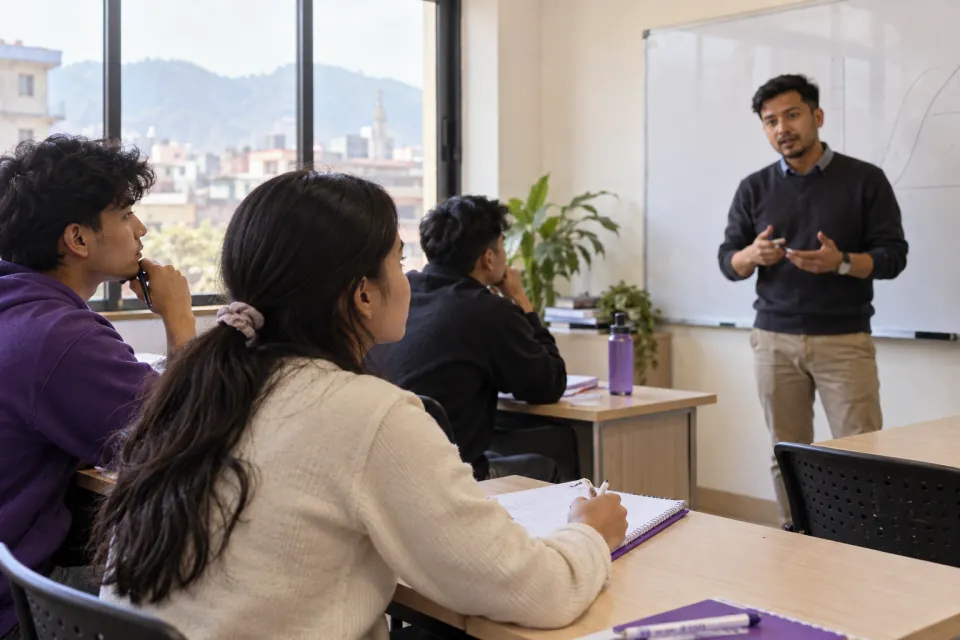 AI-generated illustration of Nepali students learning with a teacher in a classroom.