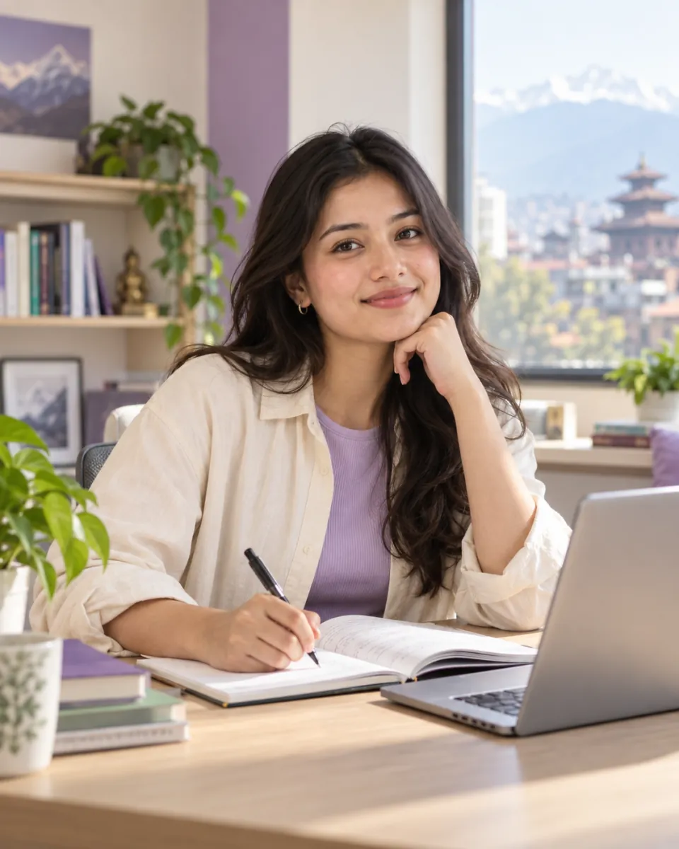 AI-generated illustration of a Nepali student with a notebook and laptop, representing CMAT preparation in Nepal.