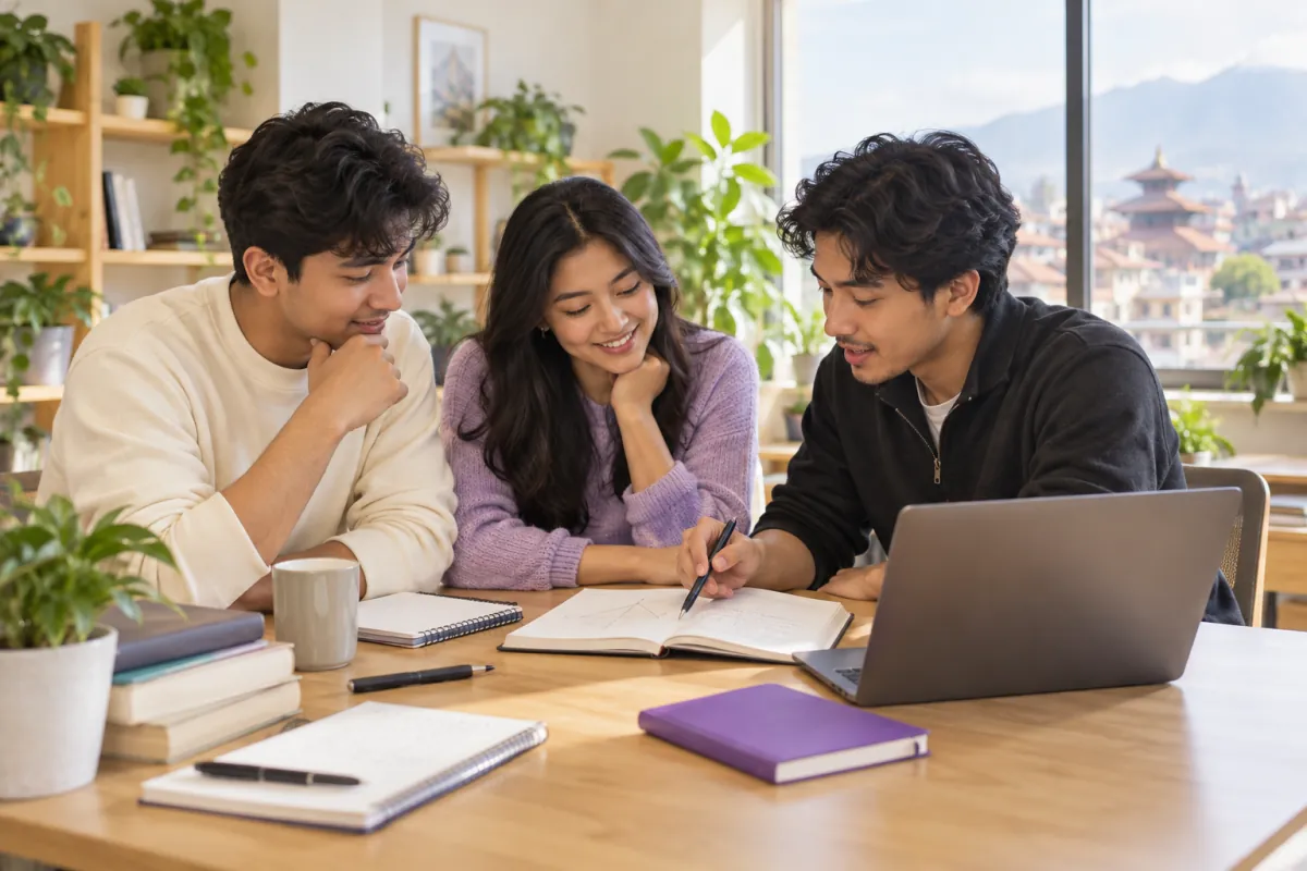 AI-generated illustration of three Nepali students discussing a problem together.