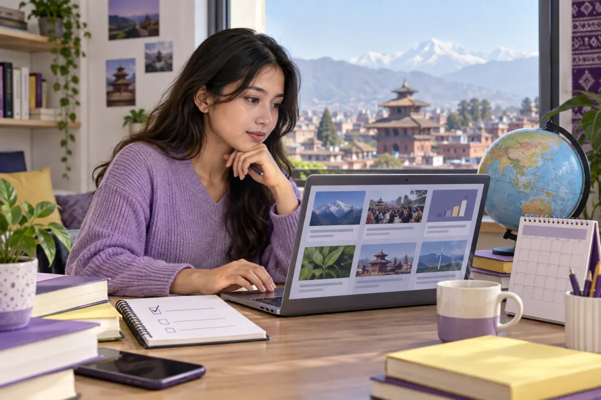 Nepali CMAT student checking current affairs sources on a laptop with calendar and globe