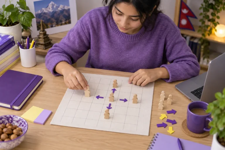 Nepali CMAT student mapping directions and relationships with arrows and wooden figures