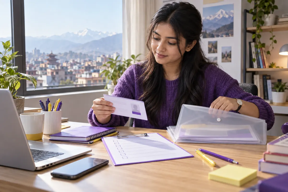 Nepali CMAT applicant organising an application checklist and exam-day study materials