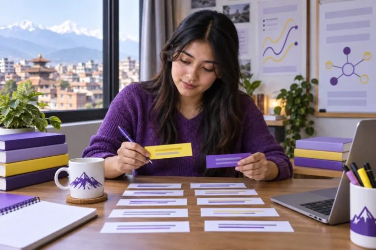 Nepali CMAT student comparing sentence cards during grammar practice