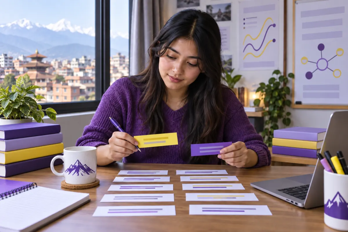 Nepali CMAT student comparing sentence cards during grammar practice