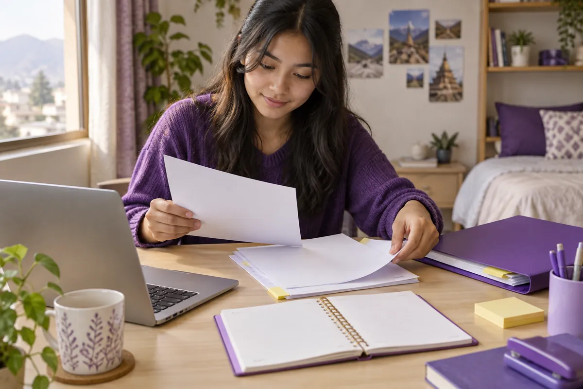 Student arranging application documents beside a planner and laptop.