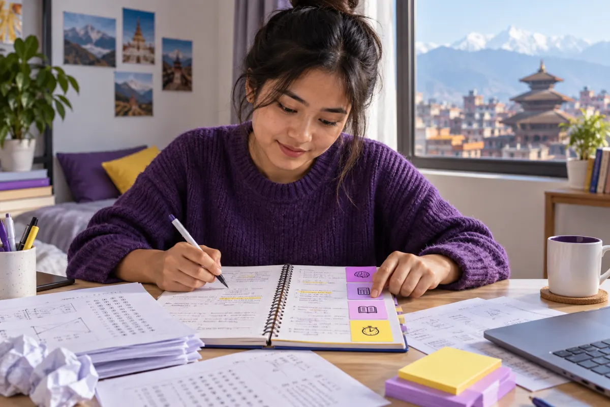 Nepali CMAT student reviewing an error log with color-coded practice categories