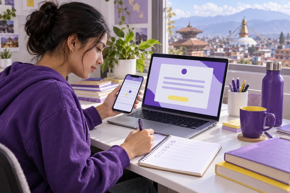 Nepali CMAT student checking official notices, dates and result updates on digital devices