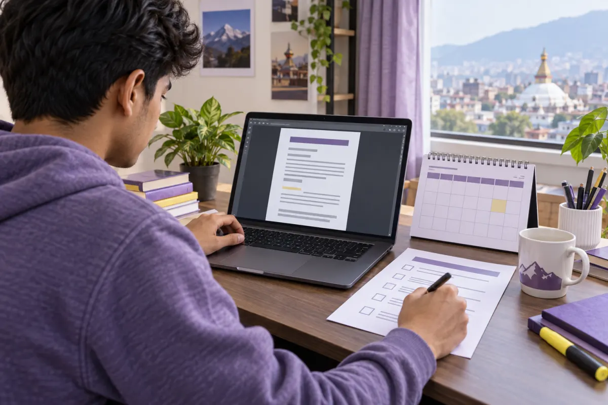 Nepali student checking an abstract official notice against a calendar and application checklist