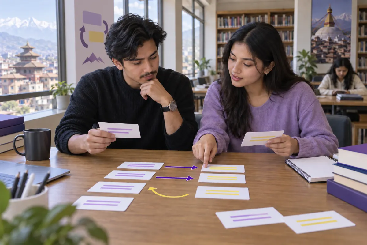 Two Nepali CMAT students sorting premise and conclusion cards with evidence arrows