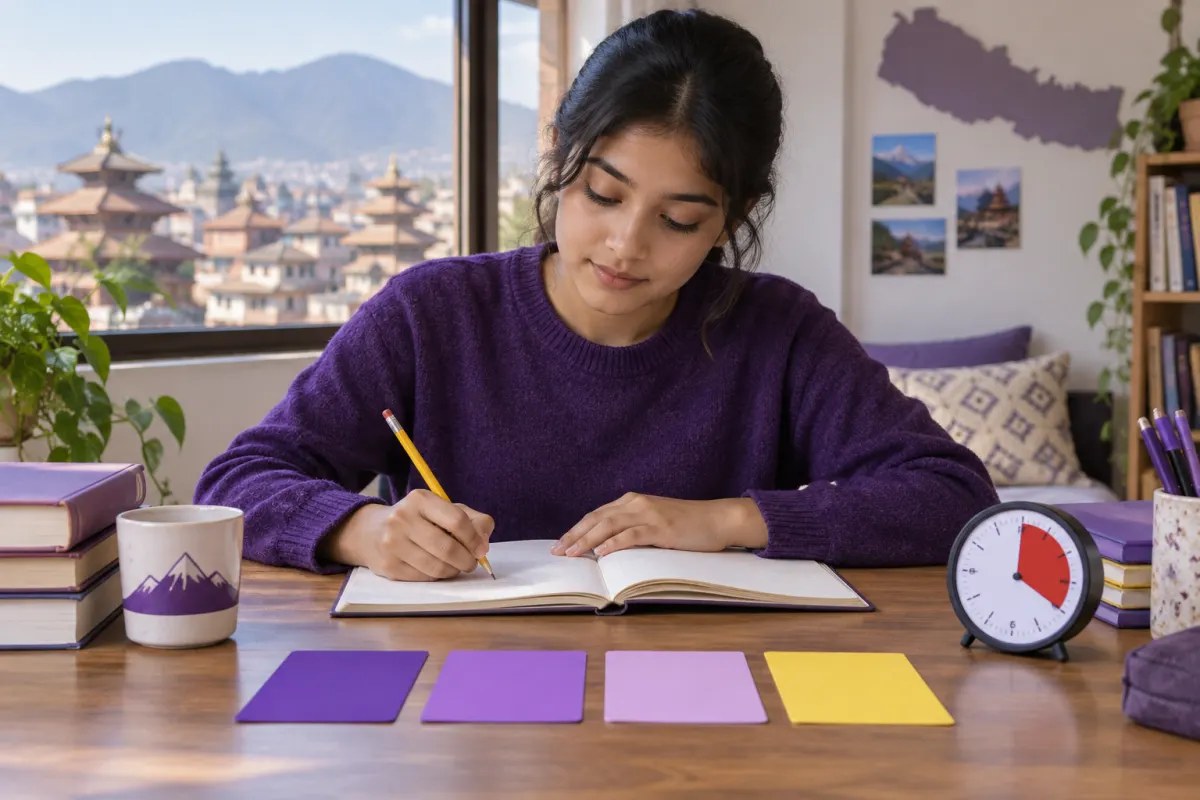 Nepali CMAT student practising a four-section study set with an analog timer