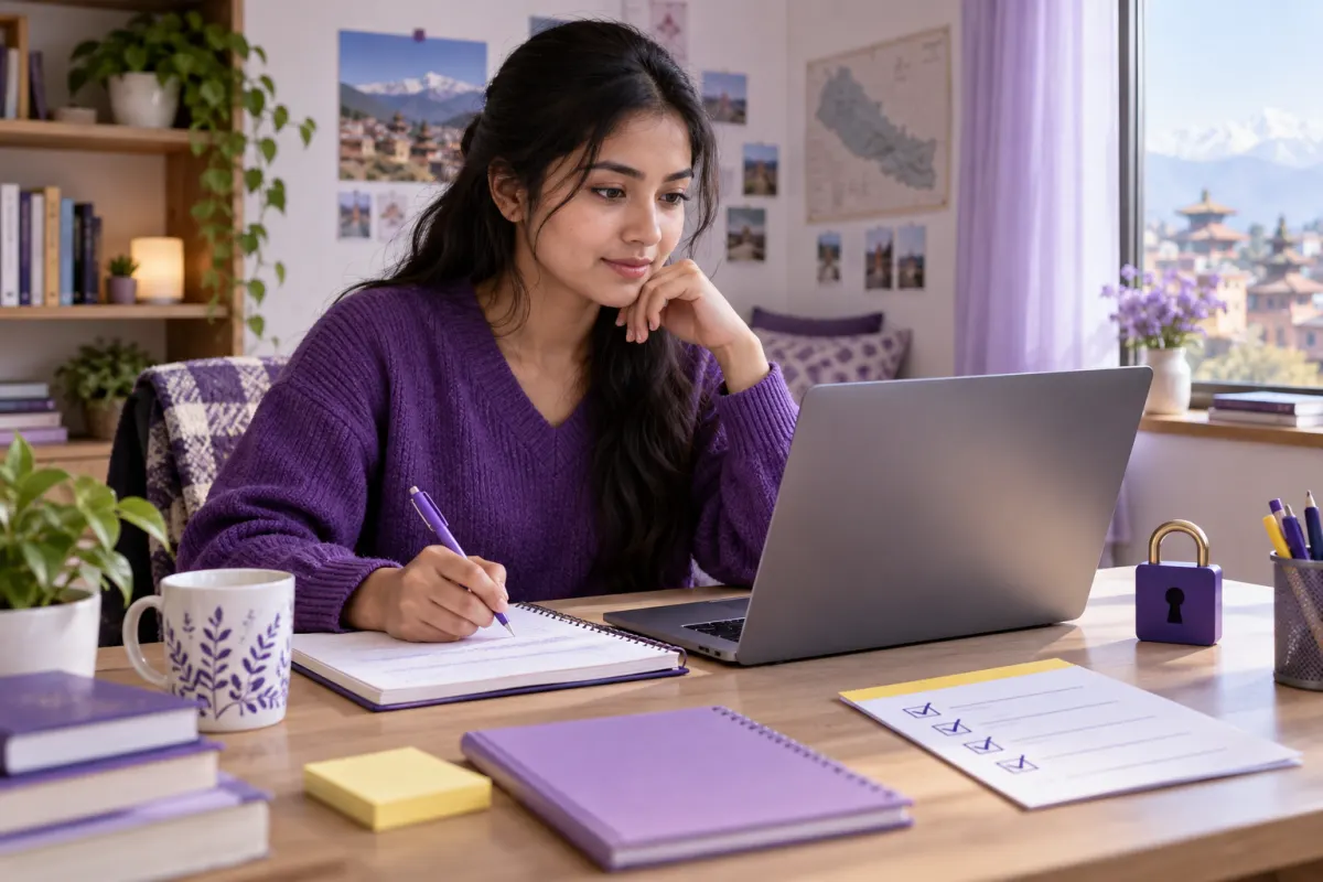 Nepali student reviewing reliable study information with source notes and privacy cues