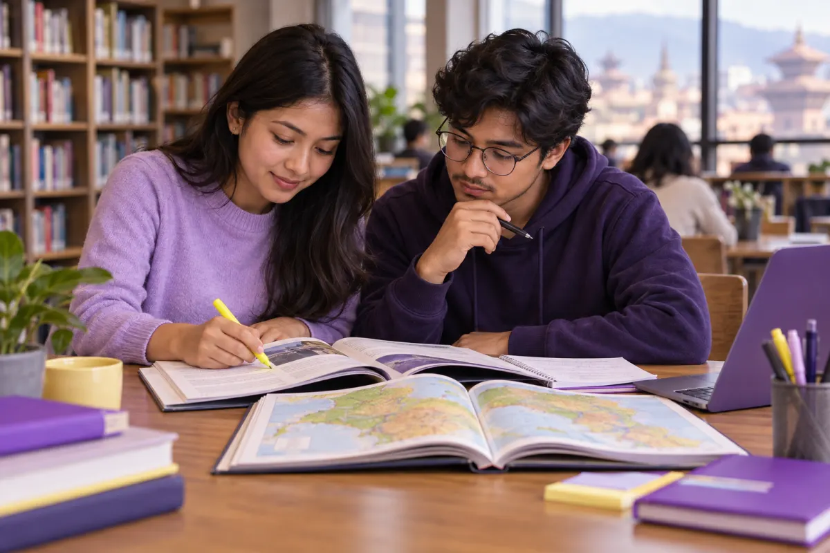 Nepali CMAT students reading a passage and reviewing general-awareness study notes