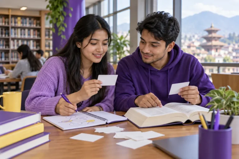 Two Nepali CMAT students using blank word cards and context notes in a library